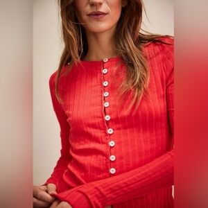 FREE PEOPLE Tilly Ribbed Cardigan Ribbed Button Down NWOT in RED